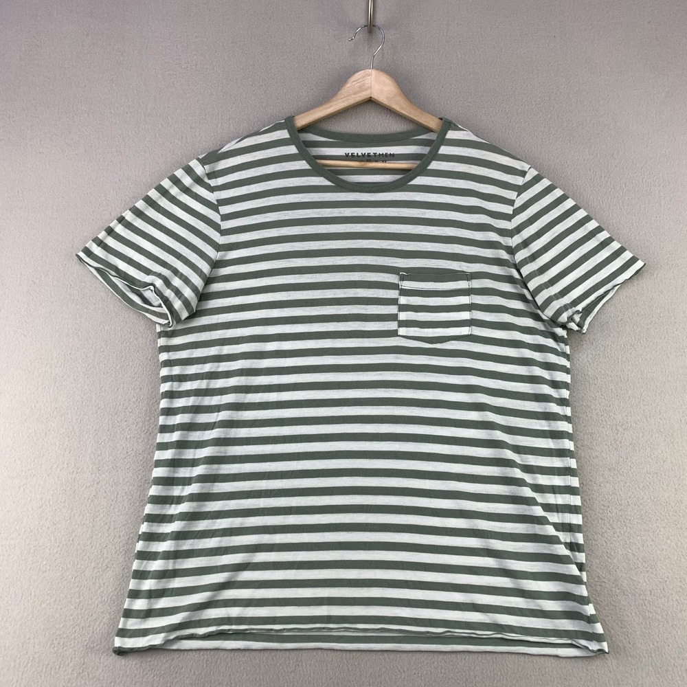 VELVET by Graham & Spencer Striped Pocket Tee Men Large Green Preppy Made in USA